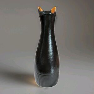 Cat Lady Box Black Cat Vase 9" Tall Gold Ears Ceramic Shiny Round Excellent
